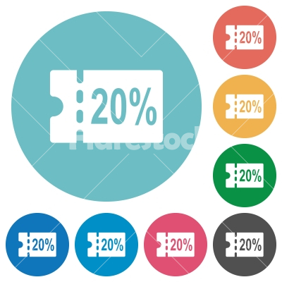 20 percent discount coupon flat round icons - 20 percent discount coupon flat white icons on round color backgrounds
