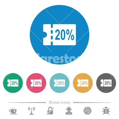 20 percent discount coupon flat round icons - 20 percent discount coupon flat white icons on round color backgrounds. 6 bonus icons included.