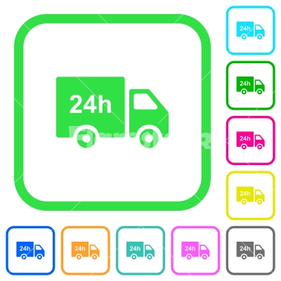 24 hour delivery truck vivid colored flat icons - 24 hour delivery truck vivid colored flat icons in curved borders on white background