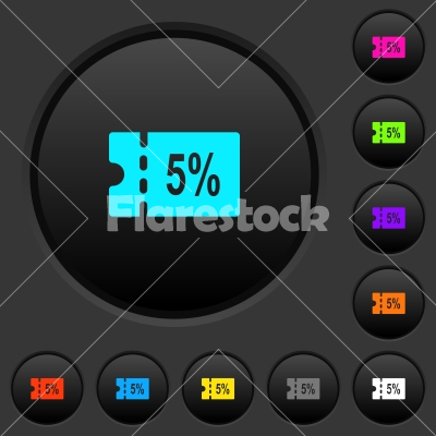 5 percent discount coupon dark push buttons with color icons - 5 percent discount coupon dark push buttons with vivid color icons on dark grey background