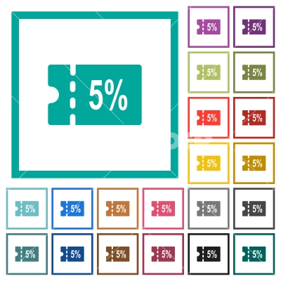 5 percent discount coupon flat color icons with quadrant frames - 5 percent discount coupon flat color icons with quadrant frames on white background