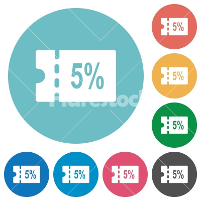 5 percent discount coupon flat round icons - 5 percent discount coupon flat white icons on round color backgrounds