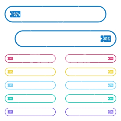 50 percent discount coupon icons in rounded color menu buttons - 50 percent discount coupon icons in rounded color menu buttons. Left and right side icon variations.