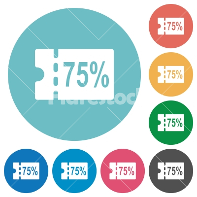 75 percent discount coupon flat round icons - 75 percent discount coupon flat white icons on round color backgrounds - Free stock vector