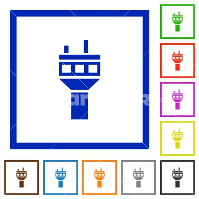 Air control tower flat framed icons - Air control tower flat color icons in square frames on white background