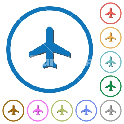Airplane icons with shadows and outlines - Airplane flat color vector icons with shadows in round outlines on white background