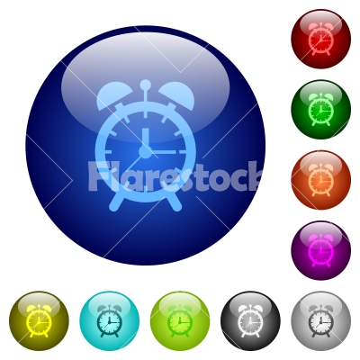 Alarm clock color glass buttons - Alarm clock icons on round color glass buttons