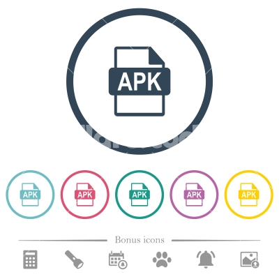 APK file format flat color icons in round outlines - APK file format flat color icons in round outlines. 6 bonus icons included.