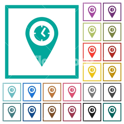 Arrival time GPS map location flat color icons with quadrant frames - Arrival time GPS map location flat color icons with quadrant frames on white background