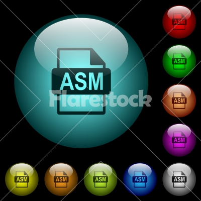 ASM file format icons in color illuminated glass buttons - ASM file format icons in color illuminated spherical glass buttons on black background. Can be used to black or dark templates