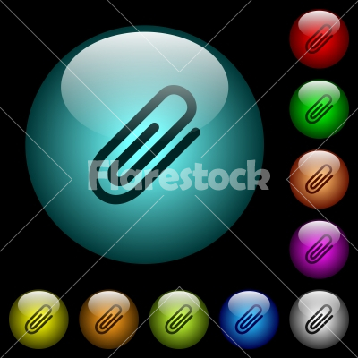 Attachment icons in color illuminated glass buttons - Attachment icons in color illuminated spherical glass buttons on black background. Can be used to black or dark templates - Free stock vector