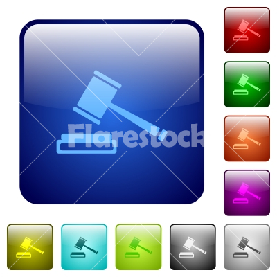 Auction hammer color square buttons - Auction hammer color glass rounded square button set - Free stock vector