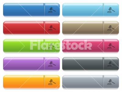 Auction hammer icons on color glossy, rectangular menu button - Auction hammer engraved style icons on long, rectangular, glossy color menu buttons. Available copyspaces for menu captions.