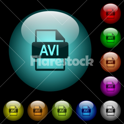 AVI file format icons in color illuminated glass buttons - AVI file format icons in color illuminated spherical glass buttons on black background. Can be used to black or dark templates