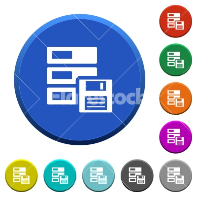 Backup concept beveled buttons - Backup concept with server and floppy disk symbols. Round color beveled buttons with smooth surfaces and flat white icons. - Free stock vector