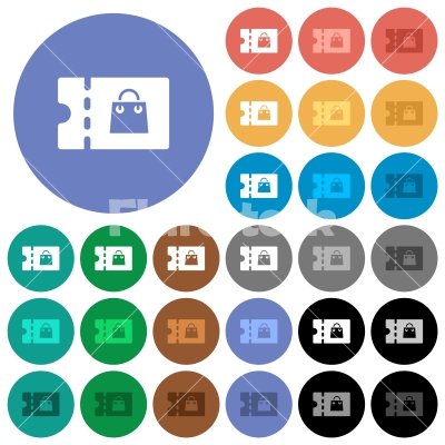 Bag discount coupon round flat multi colored icons - Bag discount coupon multi colored flat icons on round backgrounds. Included white, light and dark icon variations for hover and active status effects, and bonus shades.