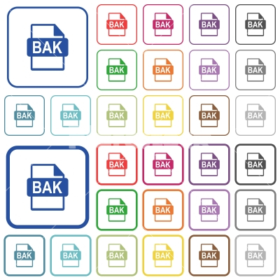 BAK file format outlined flat color icons - BAK file format color flat icons in rounded square frames. Thin and thick versions included.
