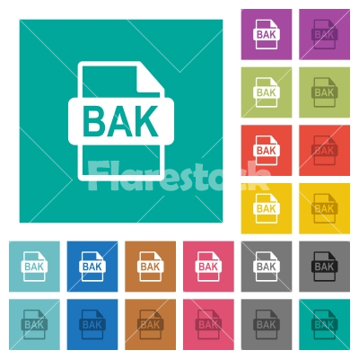 BAK file format square flat multi colored icons - BAK file format multi colored flat icons on plain square backgrounds. Included white and darker icon variations for hover or active effects.