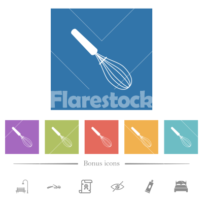 Balloon whisk flat white icons in square backgrounds - Balloon whisk flat white icons in square backgrounds. 6 bonus icons included.