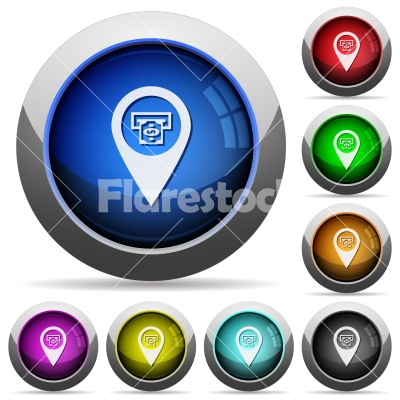 Bank ATM GPS map location round glossy buttons - Bank ATM GPS map location icons in round glossy buttons with steel frames