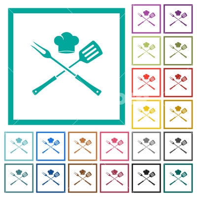 Barbecue fork and spatula with chef hat flat color icons with quadrant frames - Barbecue fork and spatula with chef hat flat color icons with quadrant frames on white background