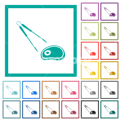 Barbecue tongs and steak flat color icons with quadrant frames - Barbecue tongs and steak flat color icons with quadrant frames on white background