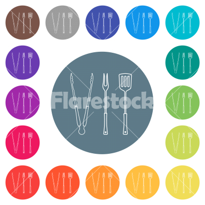 barbecue tools, tongs fork and spatula flat white icons on round color backgrounds - barbecue tools, tongs fork and spatula flat white icons on round color backgrounds. 17 background color variations are included.