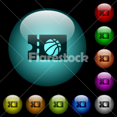 Basketball discount coupon icons in color illuminated glass buttons - Basketball discount coupon icons in color illuminated spherical glass buttons on black background. Can be used to black or dark templates - Free stock vector