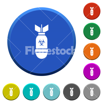 Biohazard bomb beveled buttons - Biohazard bomb round color beveled buttons with smooth surfaces and flat white icons