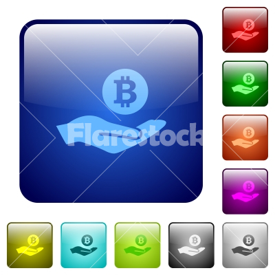 Bitcoin earnings color square buttons - Bitcoin earnings icons in rounded square color glossy button set