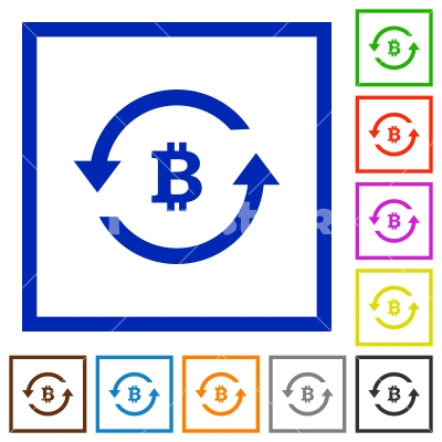 Bitcoin pay back flat framed icons - Bitcoin pay back flat color icons in square frames on white background