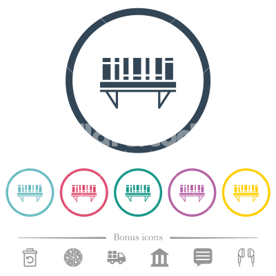 Bookshelf with books solid flat color icons in round outlines - Bookshelf with books solid flat color icons in round outlines. 6 bonus icons included.