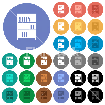 Bookshelf with books solid round flat multi colored icons - Bookshelf with books solid multi colored flat icons on round backgrounds. Included white, light and dark icon variations for hover and active status effects, and bonus shades.