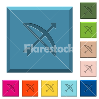Bow with arrow engraved icons on edged square buttons - Bow with arrow engraved icons on edged square buttons in various trendy colors