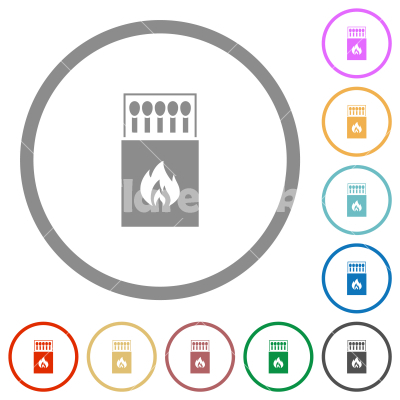 Box of matches flat icons with outlines - Box of matches flat color icons in round outlines on white background
