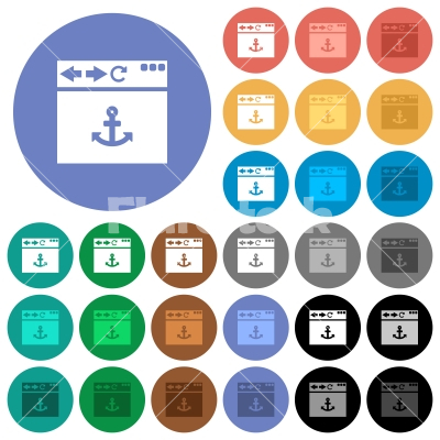 Browser anchor round flat multi colored icons - Browser anchor multi colored flat icons on round backgrounds. Included white, light and dark icon variations for hover and active status effects, and bonus shades on black backgounds.