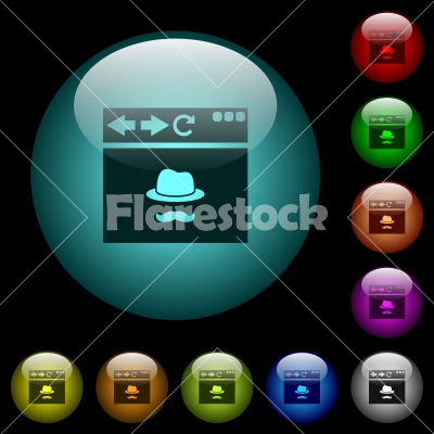 Browser incognito window icons in color illuminated glass buttons - Browser incognito window icons in color illuminated spherical glass buttons on black background. Can be used to black or dark templates