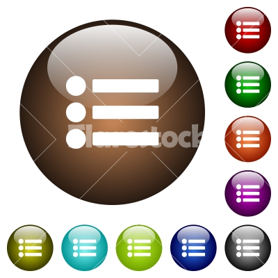 Bullet list color glass buttons - Bullet list white icons on round color glass buttons