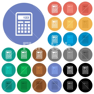 Calculator round flat multi colored icons - Calculator multi colored flat icons on round backgrounds. Included white, light and dark icon variations for hover and active status effects, and bonus shades on black backgounds.