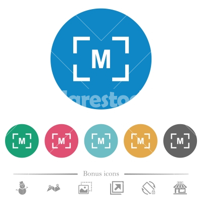 Camera manual settings mode flat round icons - Camera manual settings mode flat white icons on round color backgrounds. 6 bonus icons included.