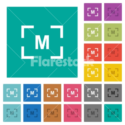 Camera manual settings mode square flat multi colored icons - Camera manual settings mode multi colored flat icons on plain square backgrounds. Included white and darker icon variations for hover or active effects.