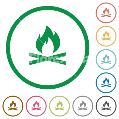 Camp fire flat icons with outlines - Camp fire flat color icons in round outlines on white background