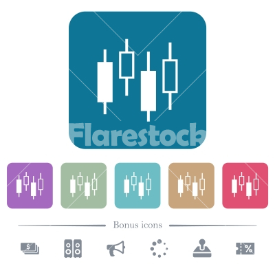 Candlestick chart flat icons on color rounded square backgrounds - Candlestick chart white flat icons on color rounded square backgrounds. 6 bonus icons included - Free stock vector