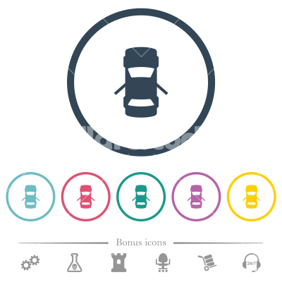 Car open rear doors dashboard indicator flat color icons in round outlines - Car open rear doors dashboard indicator flat color icons in round outlines. 6 bonus icons included.