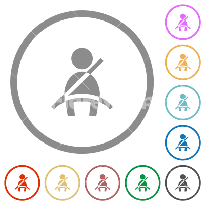 Car seat belt warning indicator flat icons with outlines - Car seat belt warning indicator flat color icons in round outlines on white background