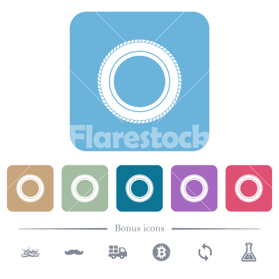 Car tire flat icons on color rounded square backgrounds - Car tire white flat icons on color rounded square backgrounds. 6 bonus icons included