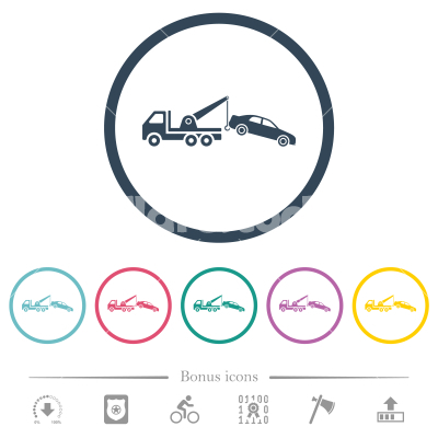 Car towing flat color icons in round outlines - Car towing flat color icons in round outlines. 6 bonus icons included.