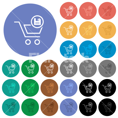 Cart save outline round flat multi colored icons - Cart save outline multi colored flat icons on round backgrounds. Included white, light and dark icon variations for hover and active status effects, and bonus shades.