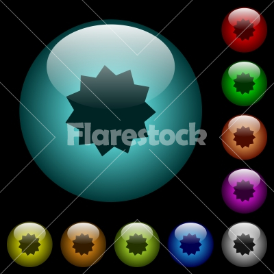 Certificate sticker icons in color illuminated glass buttons - Certificate sticker icons in color illuminated spherical glass buttons on black background. Can be used to black or dark templates