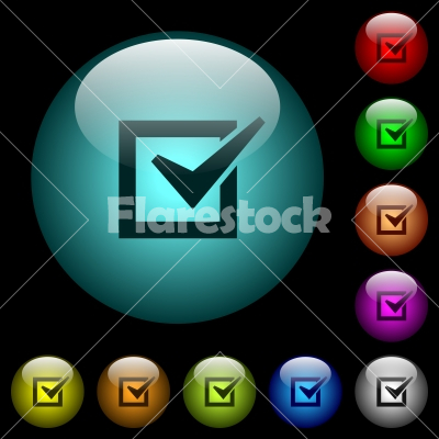 Checked box icons in color illuminated glass buttons - Checked box icons in color illuminated spherical glass buttons on black background. Can be used to black or dark templates